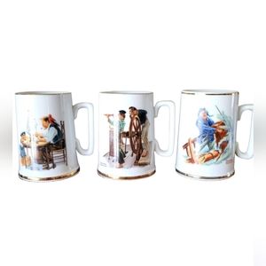 Norman Rockwell Vintage Coffee Mugs (3) For A Good Boy, River Pilot, & Brave
